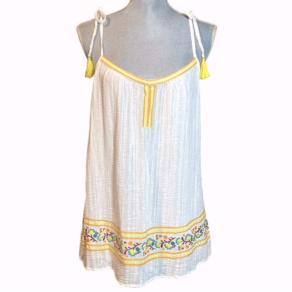 White and Yellow Embroidered Boho Adjustable Spaghetti Strap Top